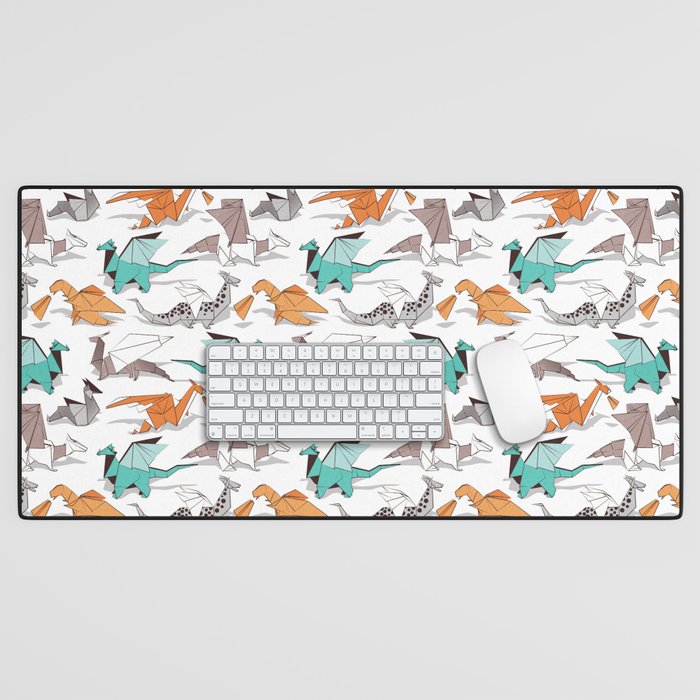 Origami dragon friends // white background aqua orange grey and taupe fantastic creatures Desk Mat Gallery Image 1
