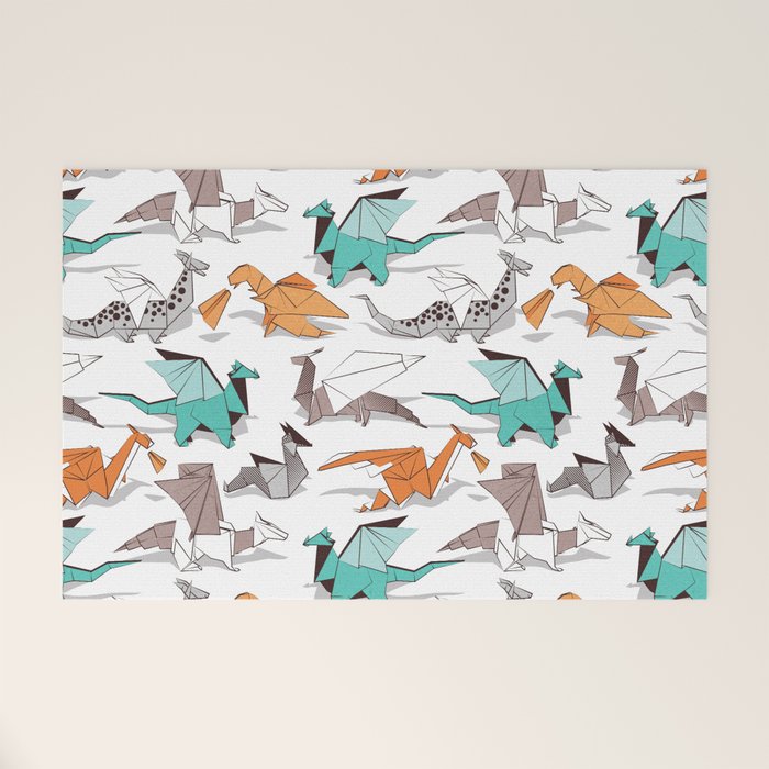 Origami dragon friends // white background aqua orange grey and taupe fantastic creatures Welcome Mat Gallery Image 1