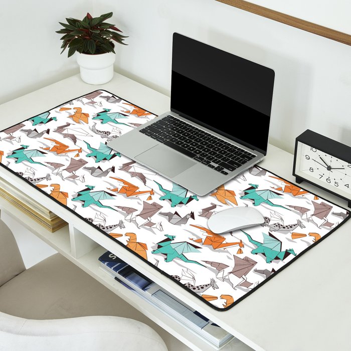 Origami dragon friends // white background aqua orange grey and taupe fantastic creatures Desk Mat Gallery Image 2