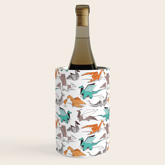 Origami dragon friends // white background aqua orange grey and taupe fantastic creatures Wine Chiller Gallery Image 3