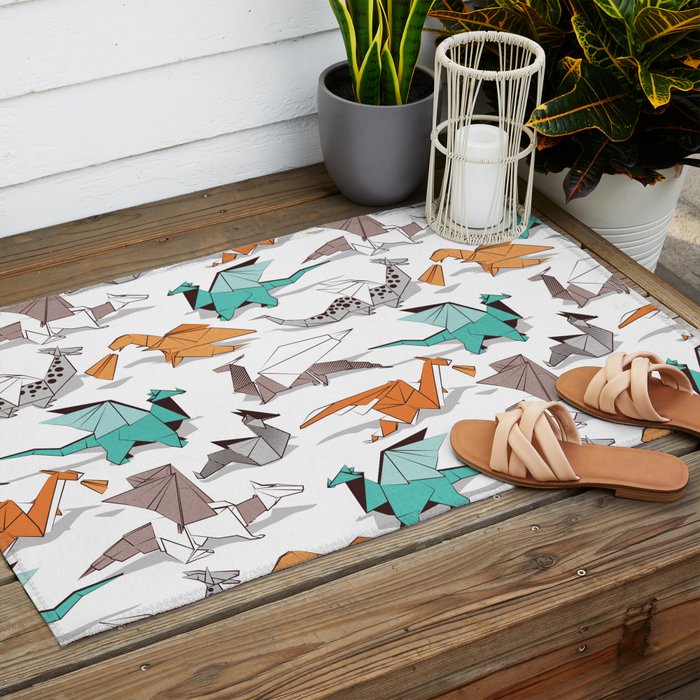 Origami dragon friends // white background aqua orange grey and taupe fantastic creatures Outdoor Rug Gallery Image 2