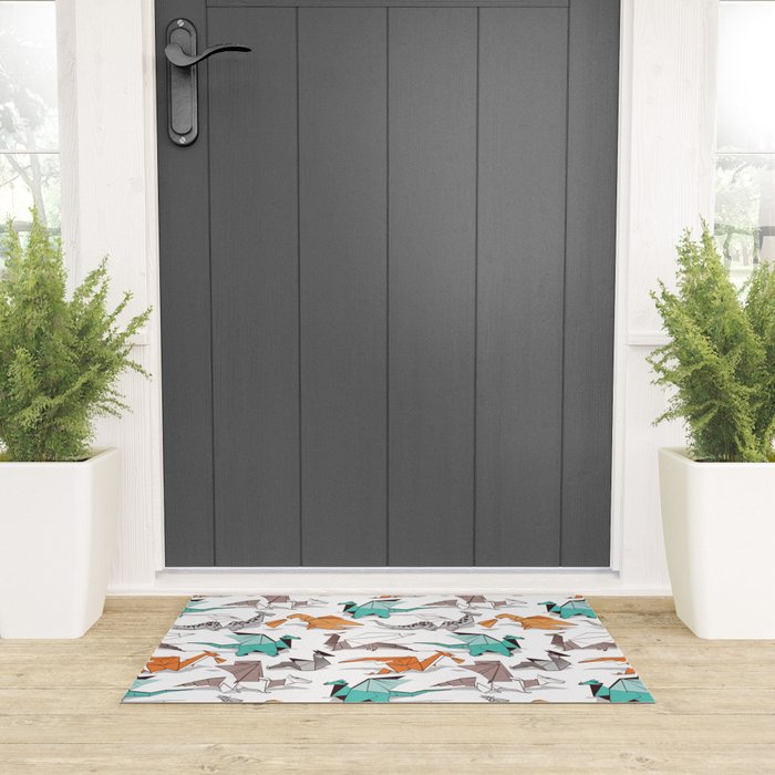 Origami dragon friends // white background aqua orange grey and taupe fantastic creatures Welcome Mat Gallery Image 3