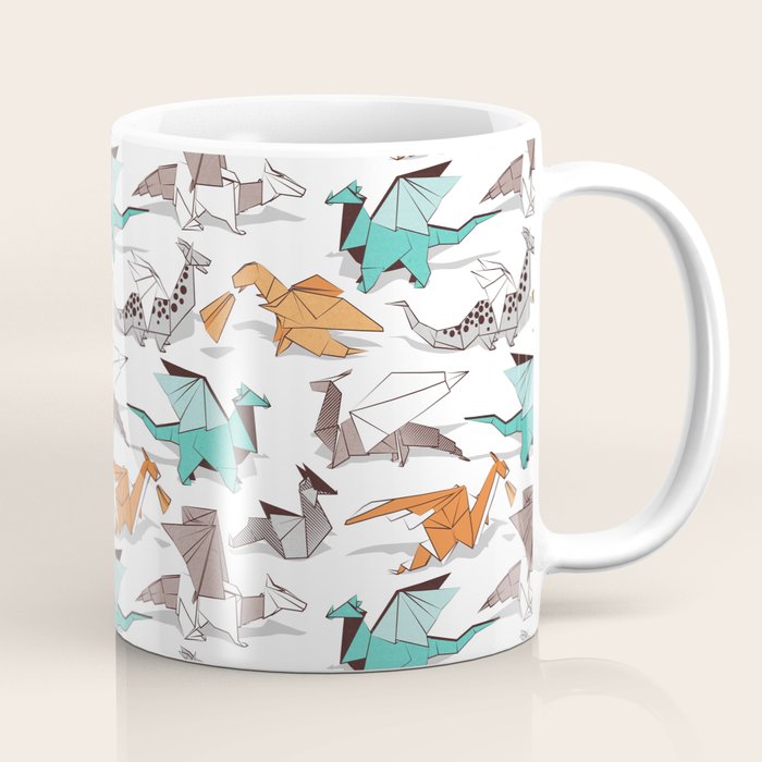 Origami dragon friends // white background aqua orange grey and taupe fantastic creatures Coffee Mug Gallery Image 1