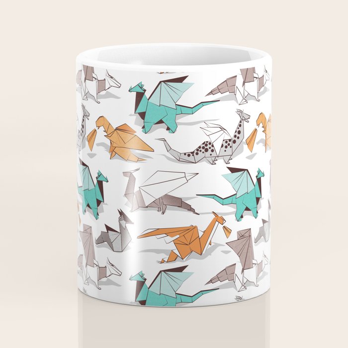 Origami dragon friends // white background aqua orange grey and taupe fantastic creatures Coffee Mug Gallery Image 4