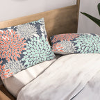 Floral Prints and Leaves, Navy, Aqua Coral and Gray Pillow Sham Gallery Image 2