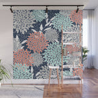 Floral Prints and Leaves, Navy, Aqua Coral and Gray Wall Mural Gallery Image 1