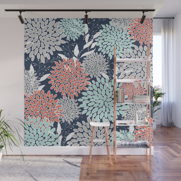 Floral Prints and Leaves, Navy, Aqua Coral and Gray Wall Mural Gallery Image 1