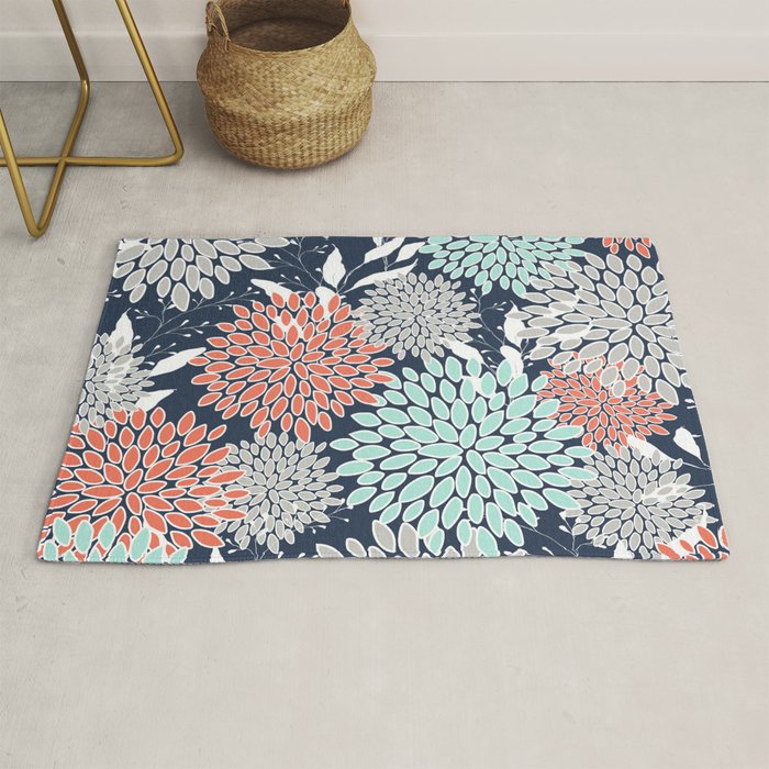 Floral Prints and Leaves, Navy, Aqua Coral and Gray Rug Gallery Image 1