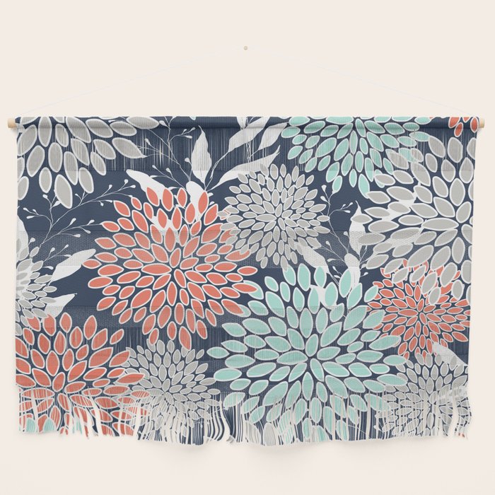 Floral Prints and Leaves, Navy, Aqua Coral and Gray Wall Hanging Gallery Image 1