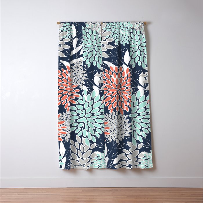 Floral Prints and Leaves, Navy, Aqua Coral and Gray Window Curtain Gallery Image 3