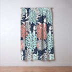 Floral Prints and Leaves, Navy, Aqua Coral and Gray Window Curtain Gallery Image 3