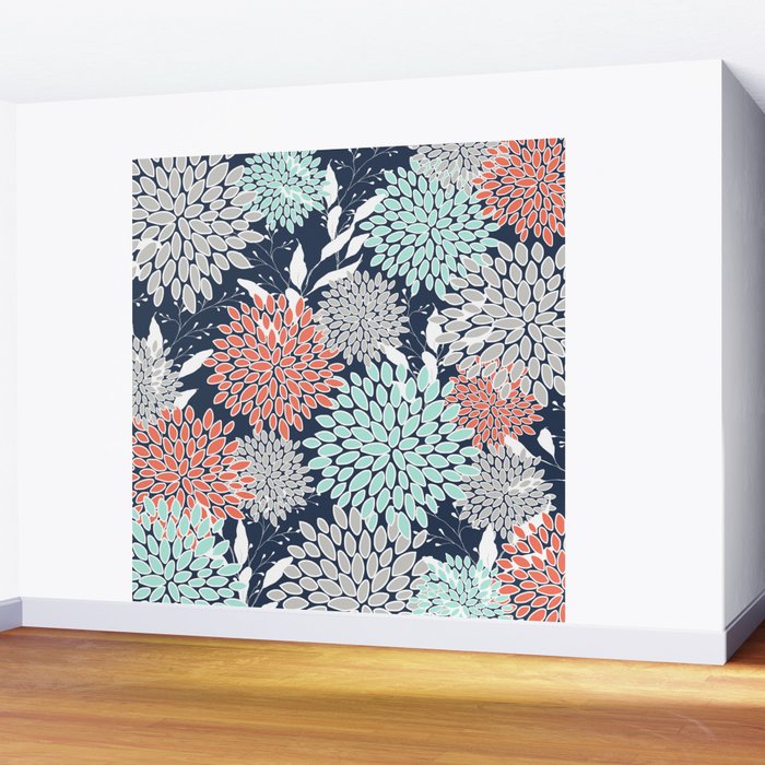 Floral Prints and Leaves, Navy, Aqua Coral and Gray Wall Mural Gallery Image 2