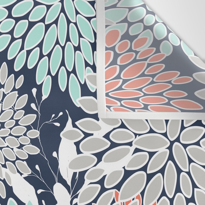 Floral Prints and Leaves, Navy, Aqua Coral and Gray Wall Tapestry Gallery Image 3