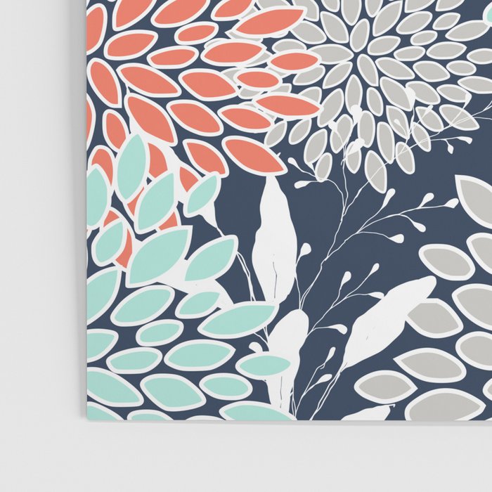 Floral Prints and Leaves, Navy, Aqua Coral and Gray Poster Gallery Image 3