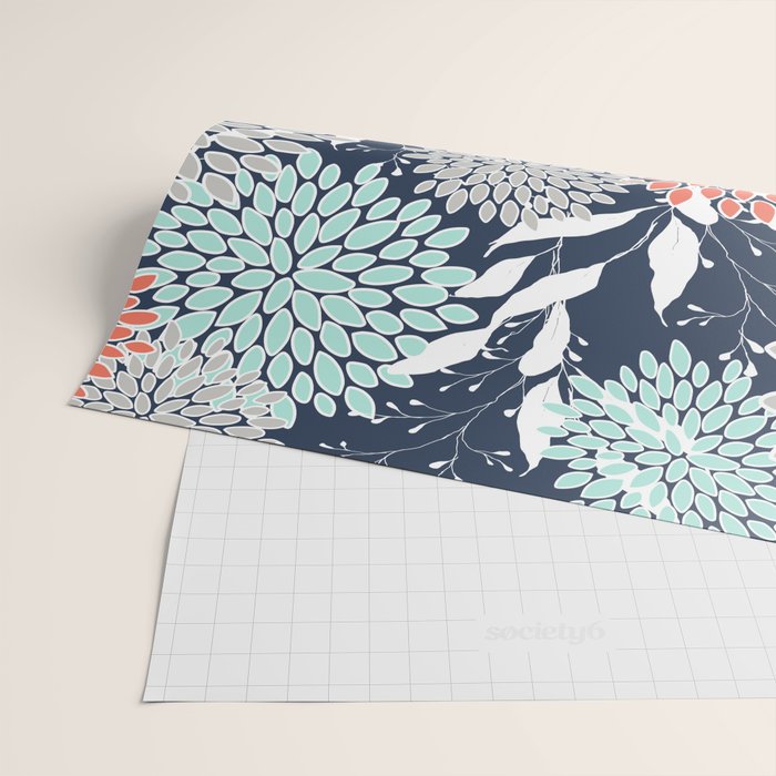 Floral Prints and Leaves, Navy, Aqua Coral and Gray Wrapping Paper Gallery Image 2