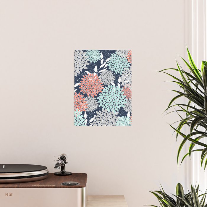 Floral Prints and Leaves, Navy, Aqua Coral and Gray Poster Gallery Image 2