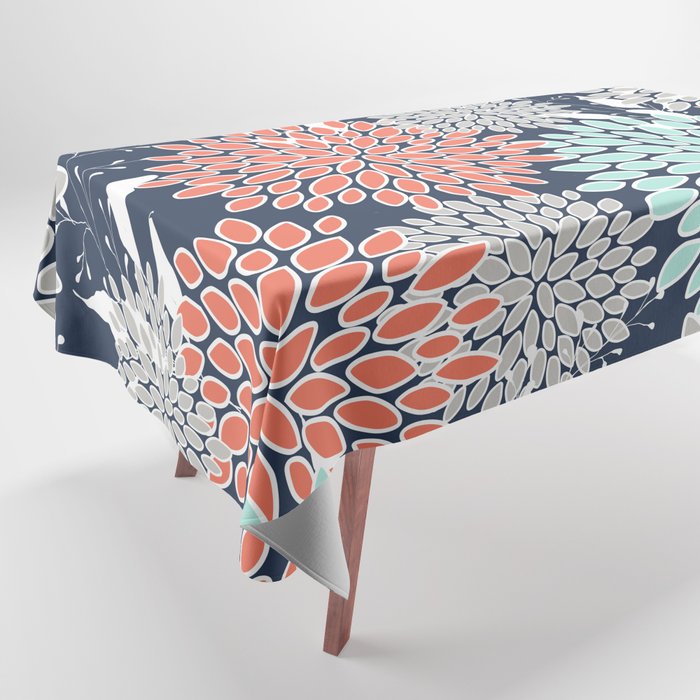 Floral Prints and Leaves, Navy, Aqua Coral and Gray Tablecloth Gallery Image 1