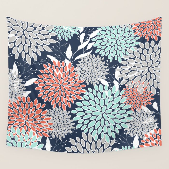 Floral Prints and Leaves, Navy, Aqua Coral and Gray Wall Tapestry Gallery Image 4