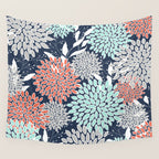 Floral Prints and Leaves, Navy, Aqua Coral and Gray Wall Tapestry Gallery Image 4