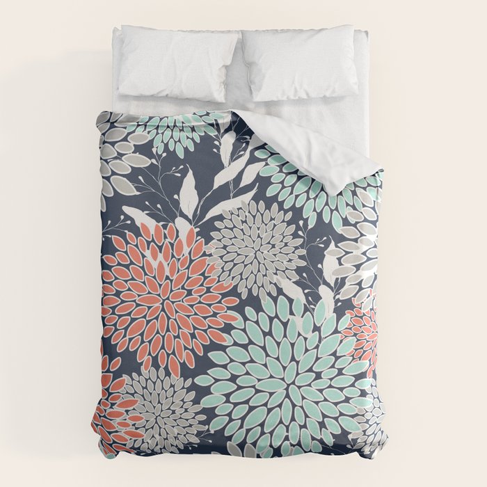 Floral Prints and Leaves, Navy, Aqua Coral and Gray Duvet Cover Gallery Image 1
