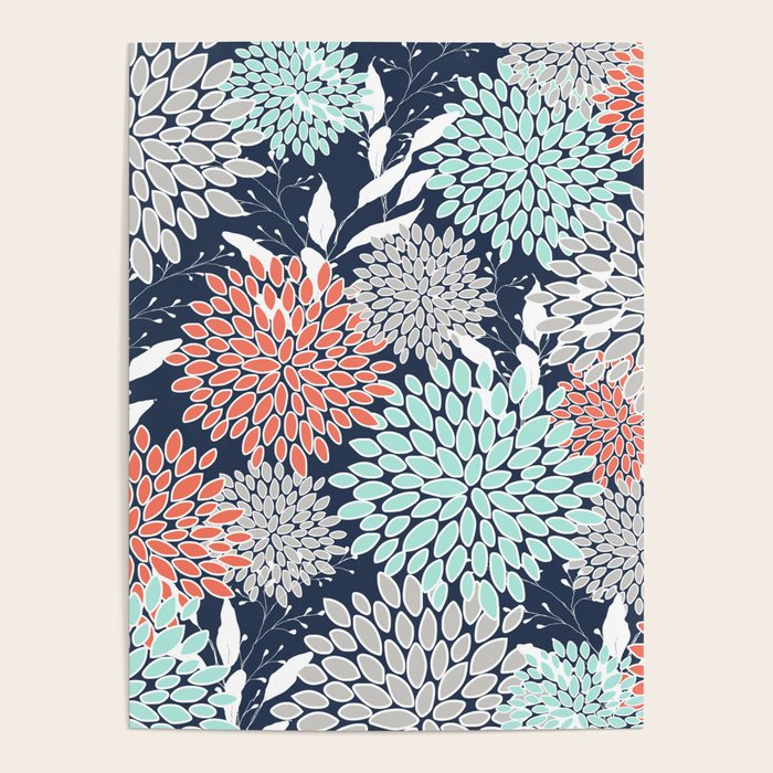 Floral Prints and Leaves, Navy, Aqua Coral and Gray Poster Gallery Image 1