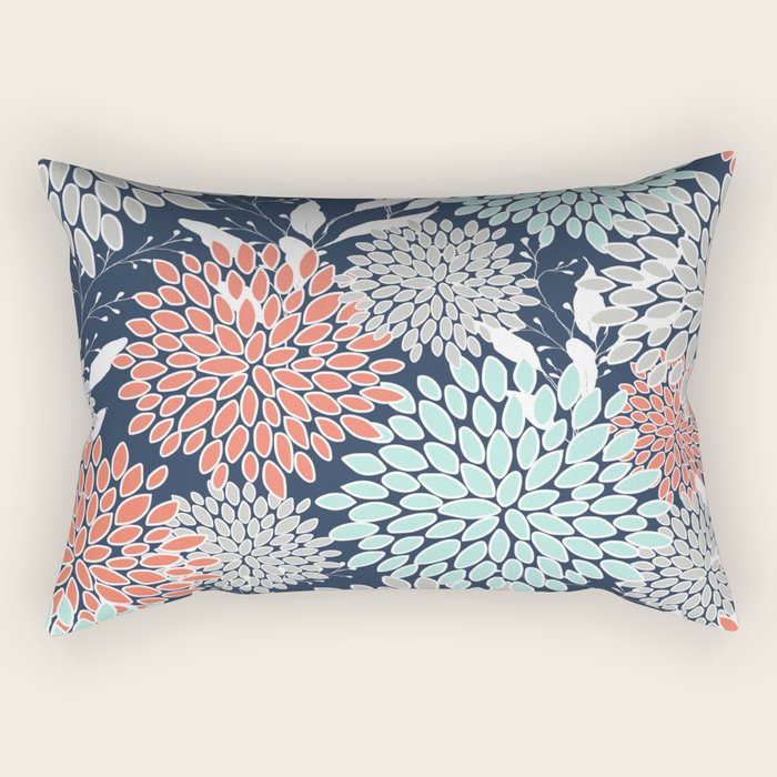 Floral Prints and Leaves, Navy, Aqua Coral and Gray Rectangular Pillow Gallery Image 1