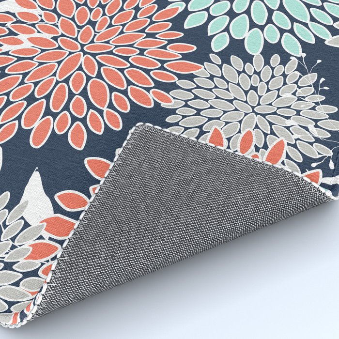 Floral Prints and Leaves, Navy, Aqua Coral and Gray Rug Gallery Image 4