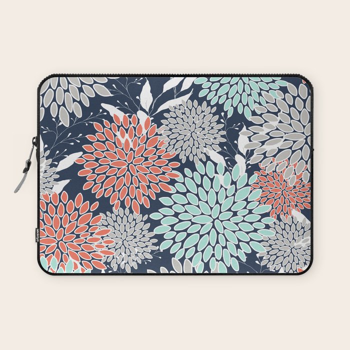 Floral Prints and Leaves, Navy, Aqua Coral and Gray Laptop Sleeve Gallery Image 1