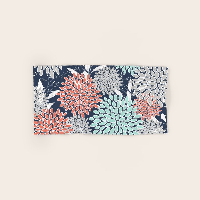 Floral Prints and Leaves, Navy, Aqua Coral and Gray Bath Towel Gallery Image 1