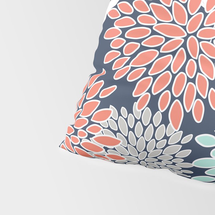 Floral Prints and Leaves, Navy, Aqua Coral and Gray Pillow Sham Gallery Image 4