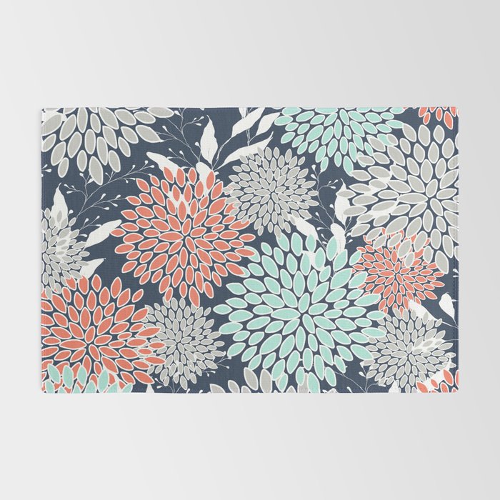 Floral Prints and Leaves, Navy, Aqua Coral and Gray Rug Gallery Image 2
