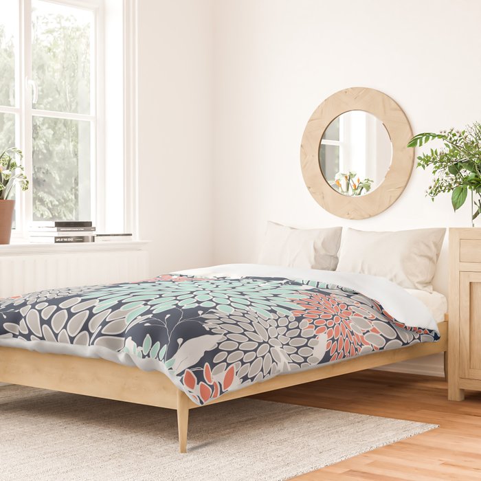 Floral Prints and Leaves, Navy, Aqua Coral and Gray Duvet Cover Gallery Image 2