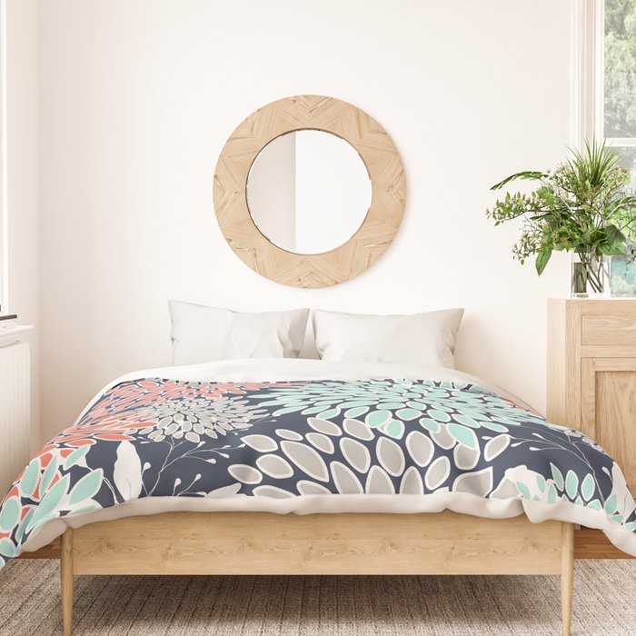 Floral Prints and Leaves, Navy, Aqua Coral and Gray Duvet Cover Gallery Image 3