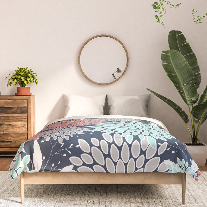 Floral Prints and Leaves, Navy, Aqua Coral and Gray Comforter Gallery Image 3