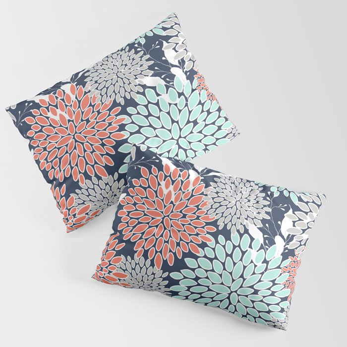 Floral Prints and Leaves, Navy, Aqua Coral and Gray Pillow Sham Gallery Image 3
