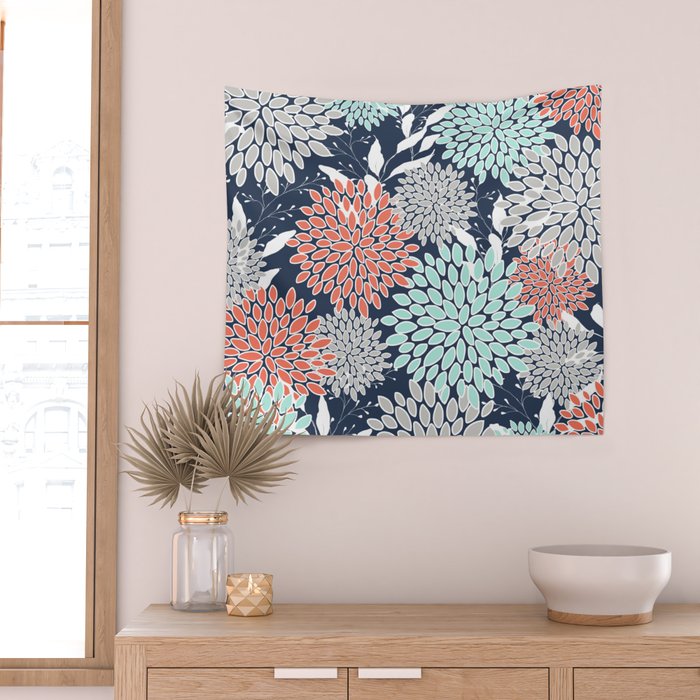 Floral Prints and Leaves, Navy, Aqua Coral and Gray Wall Tapestry Gallery Image 2
