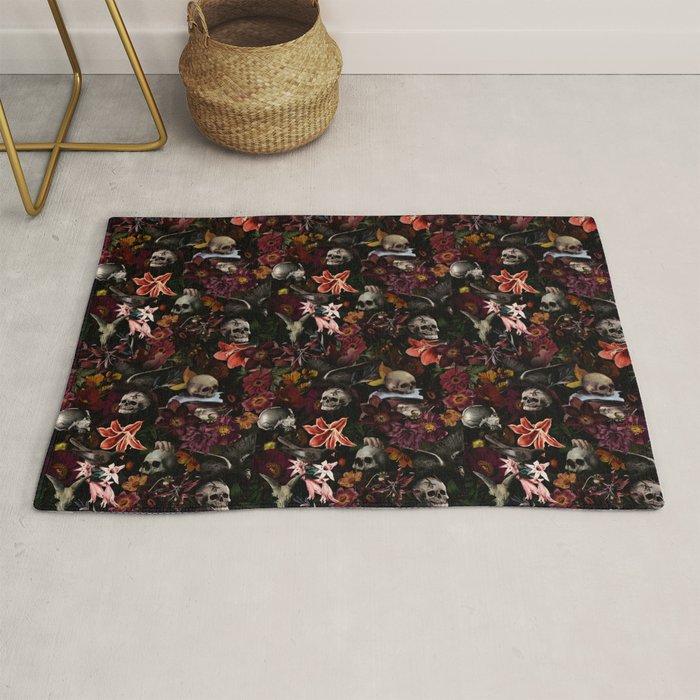 Gothic Night Skulls Flower Botanical Midnight Garden Rug Gallery Image 1