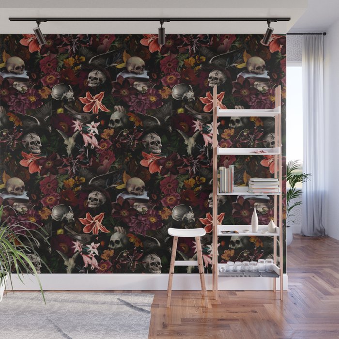 Gothic Night Skulls Flower Botanical Midnight Garden Wall Mural Gallery Image 1