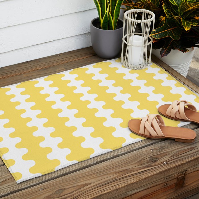Vertical Stripes Yellow and White Ogee A-Go-Go Pop Pattern Outdoor Rug Gallery Image 2