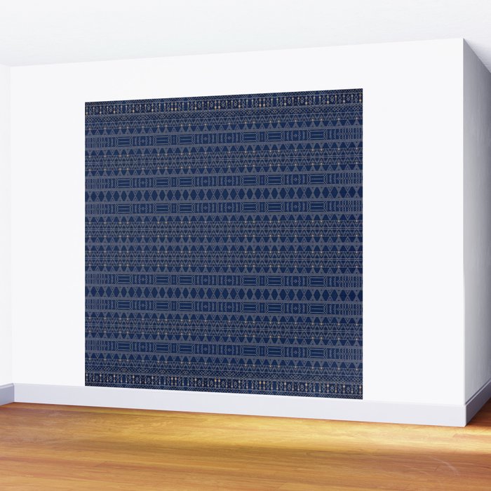 Blue Indigo Jeans Color, Bohemian Oriental Traditional Moroccan Fabric Style Wall Mural Gallery Image 2
