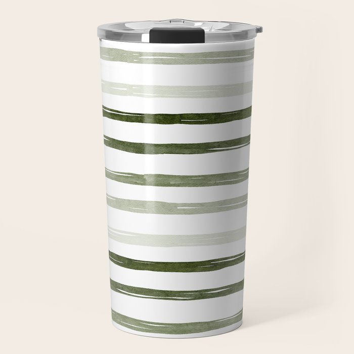 Watercolor Green and White Striped Travel Mug Gallery Image 1
