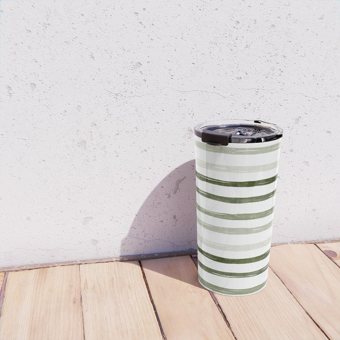 Watercolor Green and White Striped Travel Mug Gallery Image 4