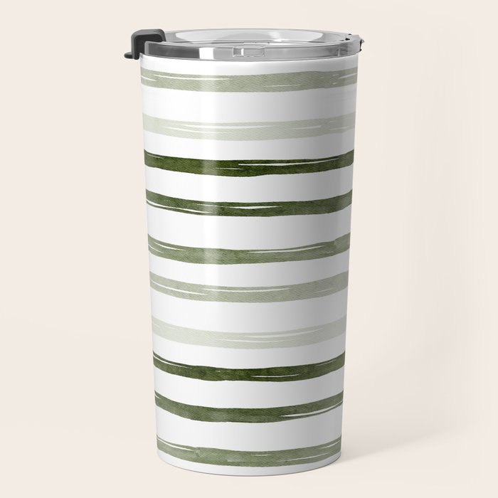 Watercolor Green and White Striped Travel Mug Gallery Image 3