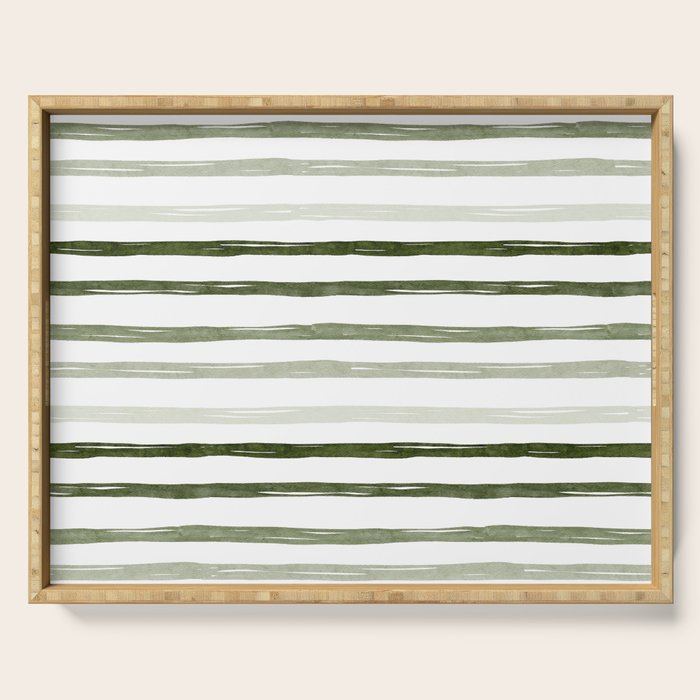 Watercolor Green and White Striped Serving Tray Gallery Image 1