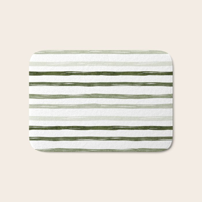 Watercolor Green and White Striped Bath Mat Gallery Image 1