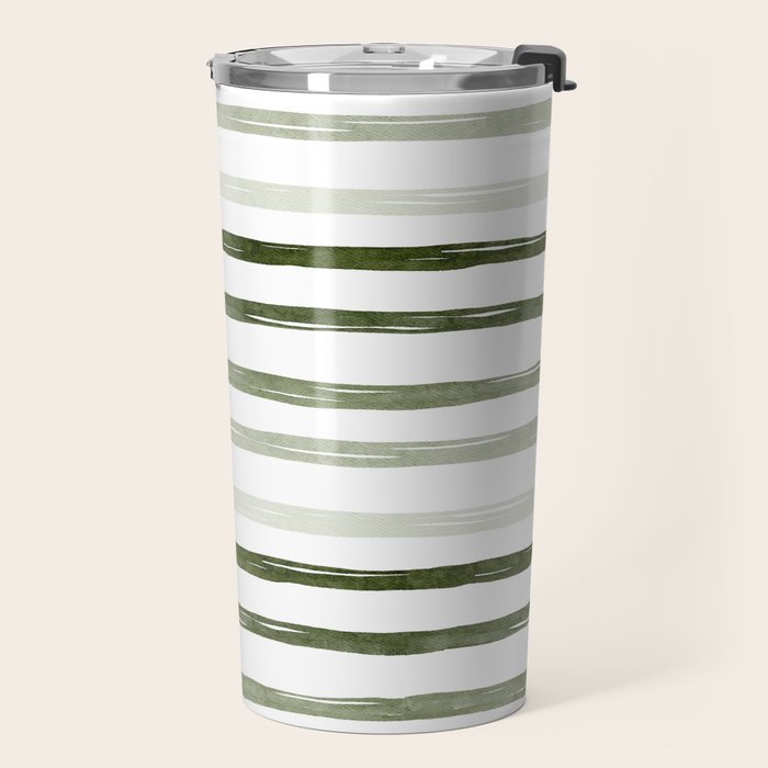Watercolor Green and White Striped Travel Mug Gallery Image 2