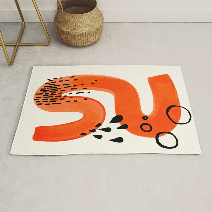 Mid Century Modern abstract Minimalist Fun Colorful Shapes Patterns Orange Brush Stroke Watercolor Rug Gallery Image 1