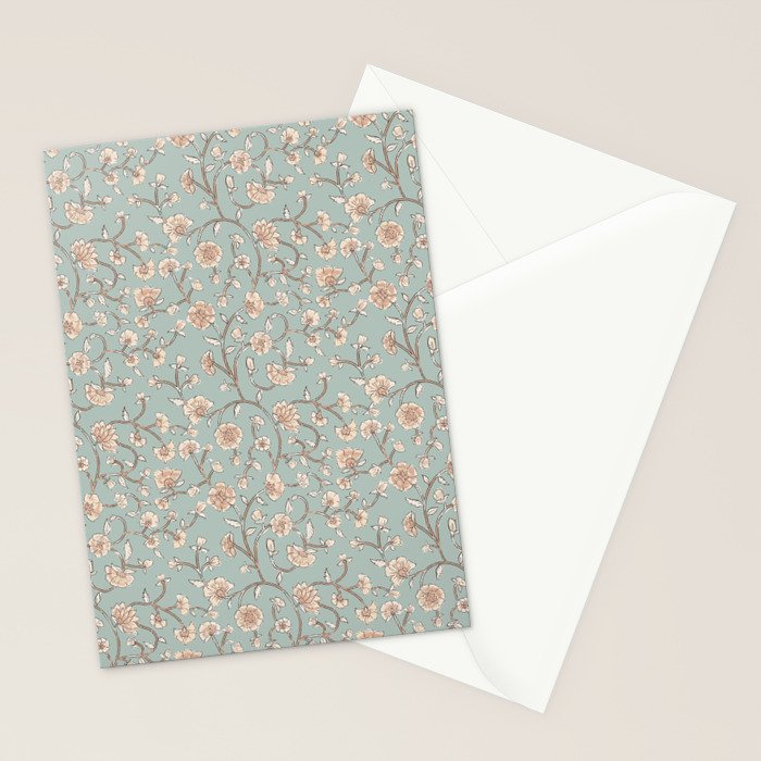 Ditsy Trailing Block Print Floral - Light Sage Green Stationery Card Gallery Image 2