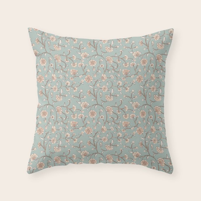 Ditsy Trailing Block Print Floral - Light Sage Green Throw Pillow Gallery Image 6