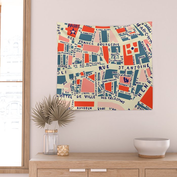 paris map blue Wall Tapestry Gallery Image 2